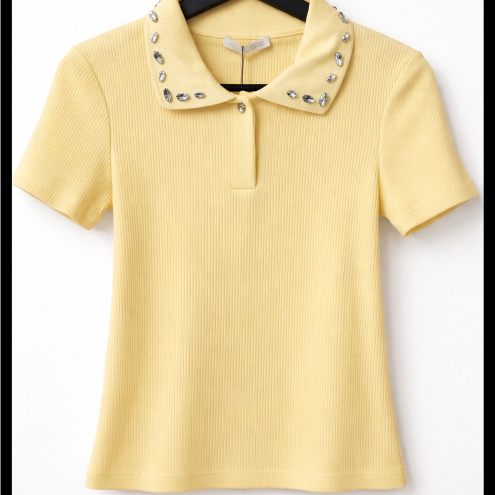Zara Yellow Embellished Collar Polo Tee